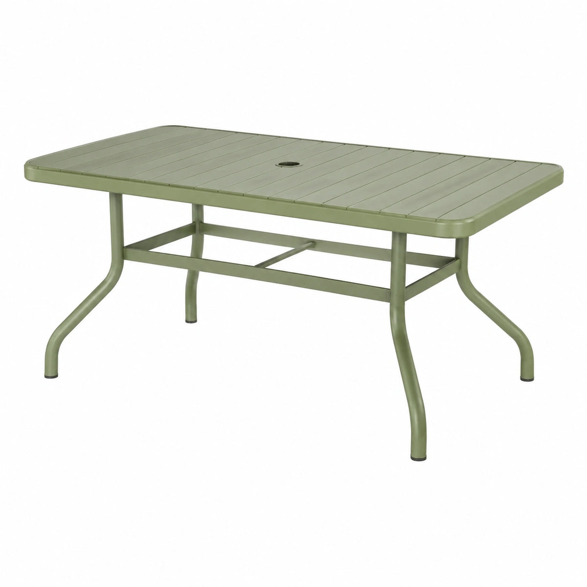 Rechteckiger Metalltisch 160 × 90 × 75 cm mit Sonnenschirmöffnung, Salbeigrün