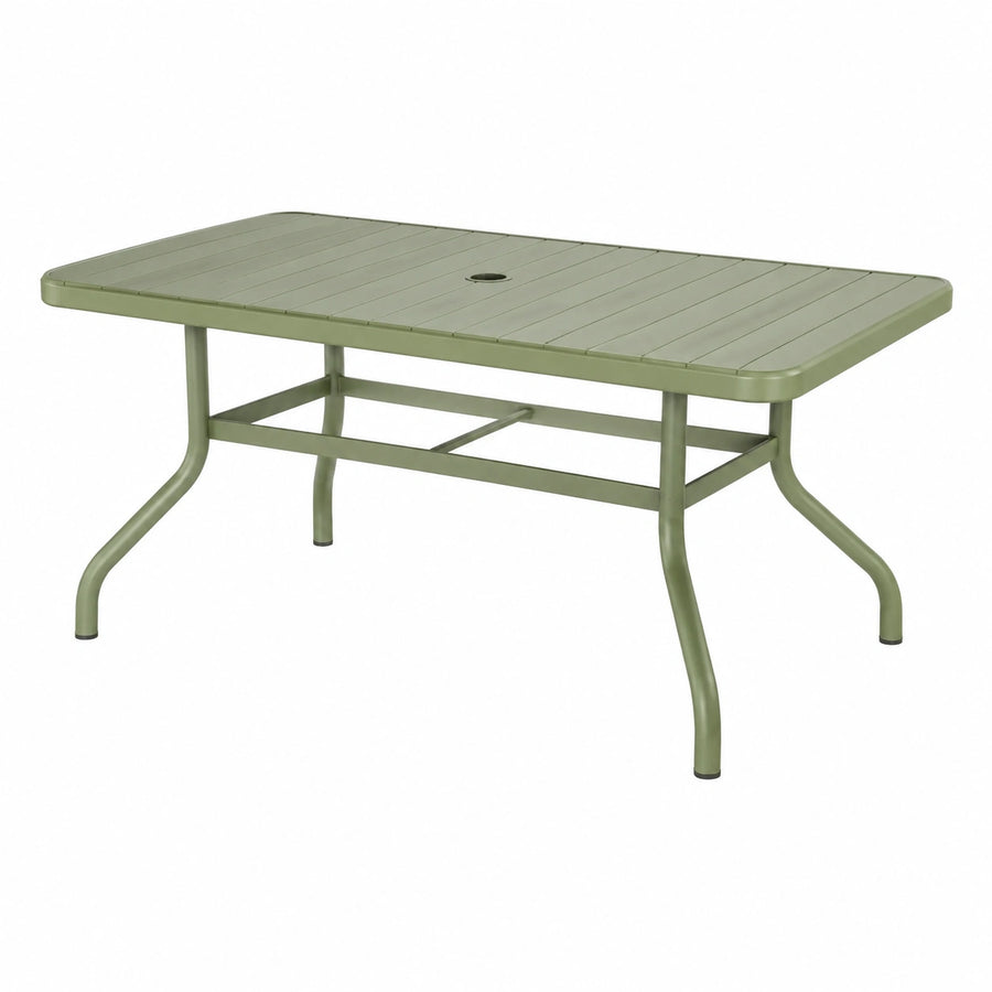Rechteckiger Metalltisch 160 × 90 × 75 cm mit Sonnenschirmöffnung, Salbeigrün