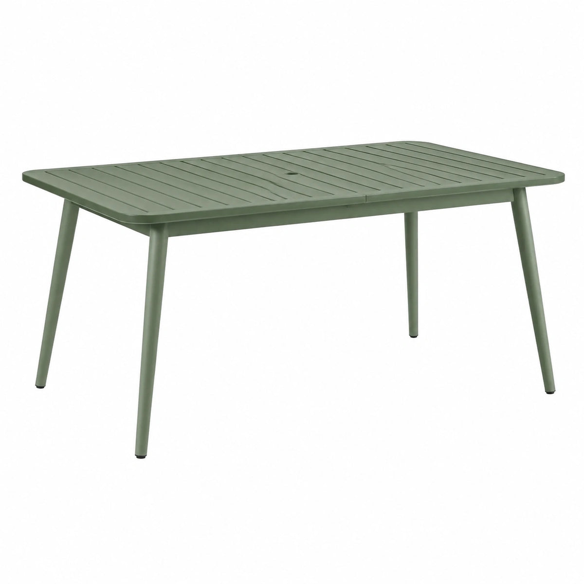 Grüner Aluminium-Gartentisch 160 × 90 × 75 cm mit Lamellenplatte und Sonnenschirmöffnung