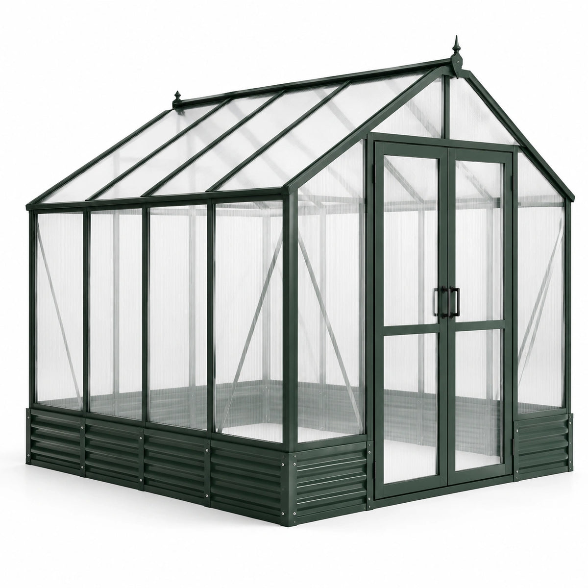 Freistehendes Aluminium-Gewächshaus mit Polycarbonatplatten, 192 × 192 × 195 cm, Dunkelgrün/Transparent
