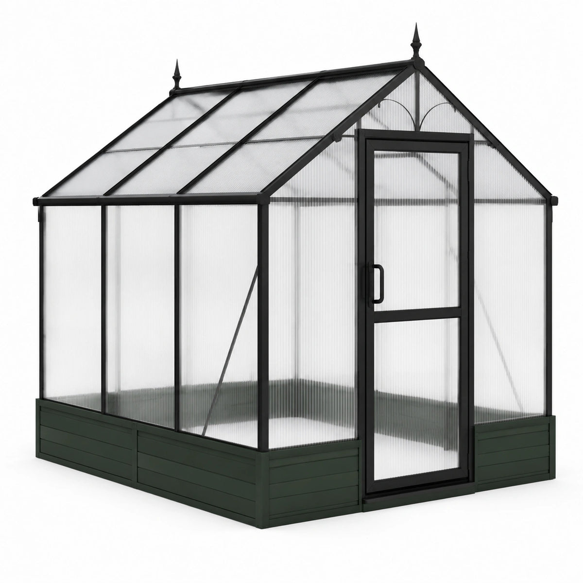 Freistehendes Pflanzenhaus aus Metall und Polycarbonat, 240 × 180 × 230 cm, Schwarz/Transparent/Dunkelgrün