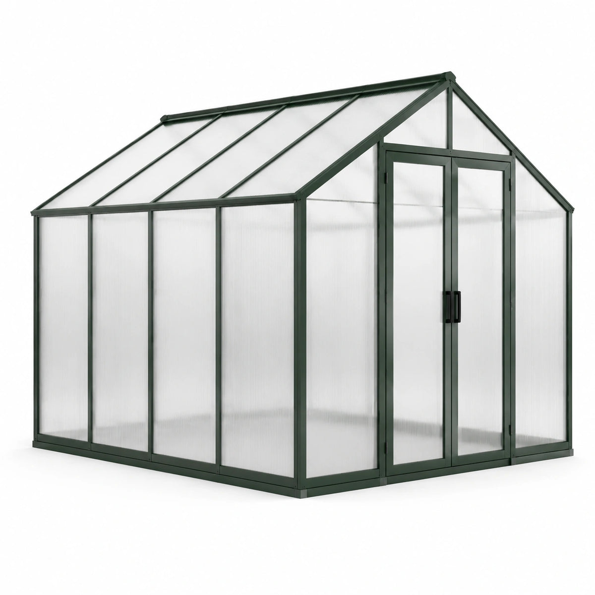 Aluminium-Gewächshaus mit Polycarbonatplatten und Doppeltür, 190 x 190 x 195 cm, Dunkelgrün/Transparent