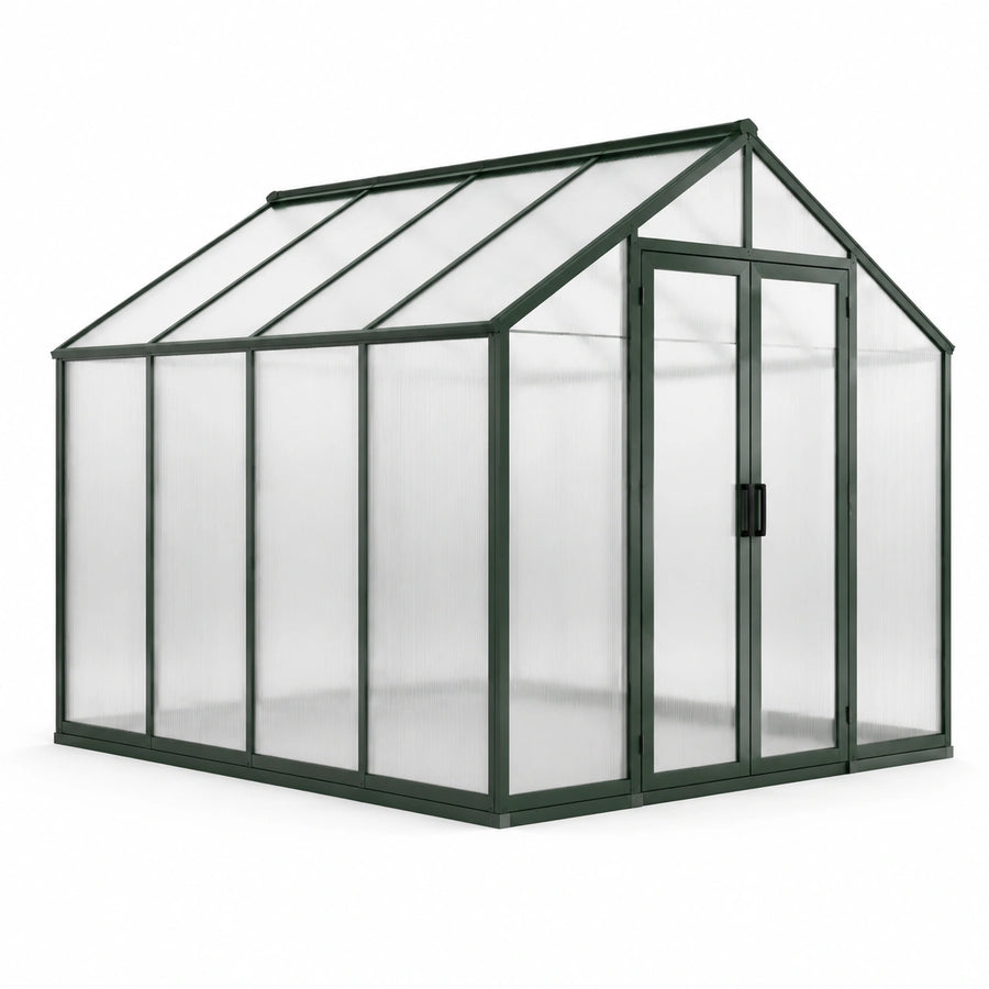 Aluminium-Gewächshaus mit Polycarbonatplatten und Doppeltür, 190 x 190 x 195 cm, Dunkelgrün/Transparent