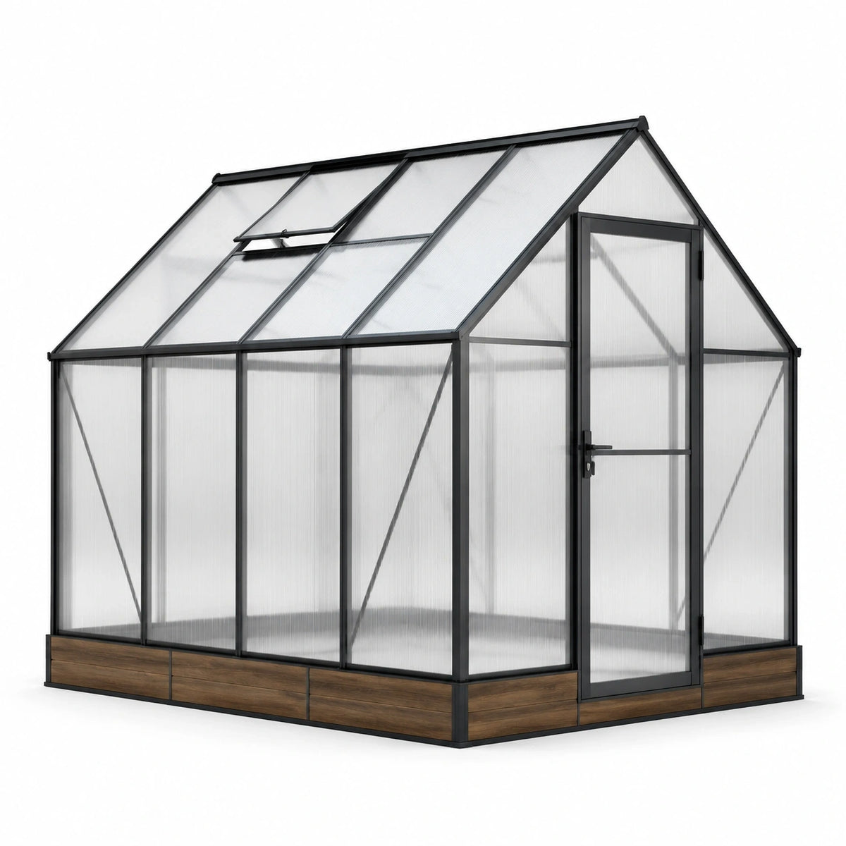 Aluminium-Gewächshaus 300 x 190 x 200 cm mit Tür und Dachfenster, Schwarz/Braun/Transparent