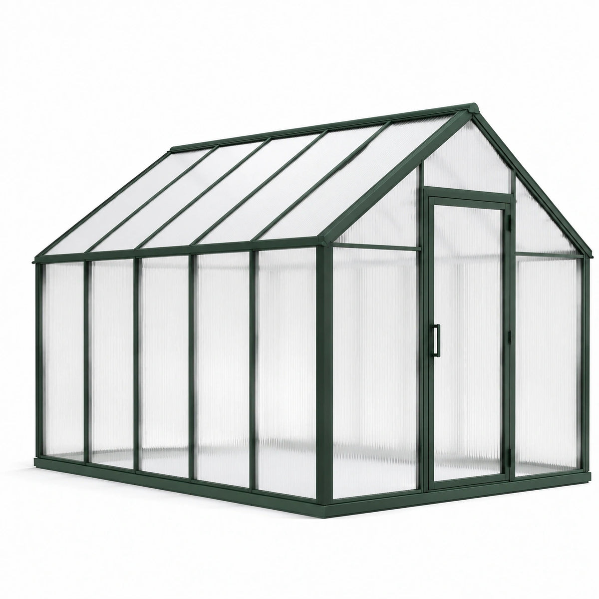 Freistehende Aluminiumkonstruktion mit Polycarbonatplatten, 244 × 191 × 195 cm, Dunkelgrün/Transparent, mit Drehtür