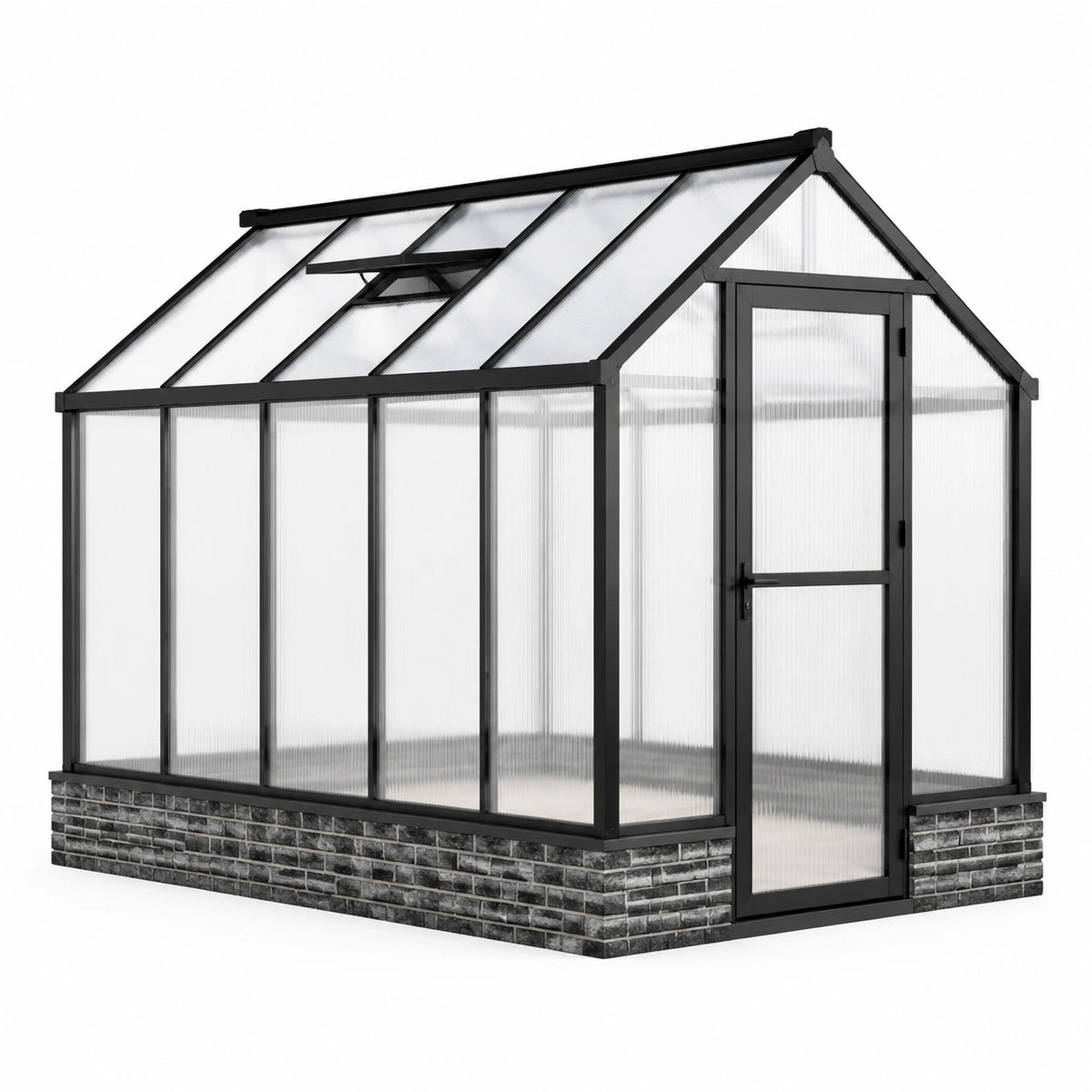Gewächshaus 190 × 190 × 195 cm aus schwarzem Aluminium mit transparenten Polycarbonatplatten, Tür und Dachfenster
