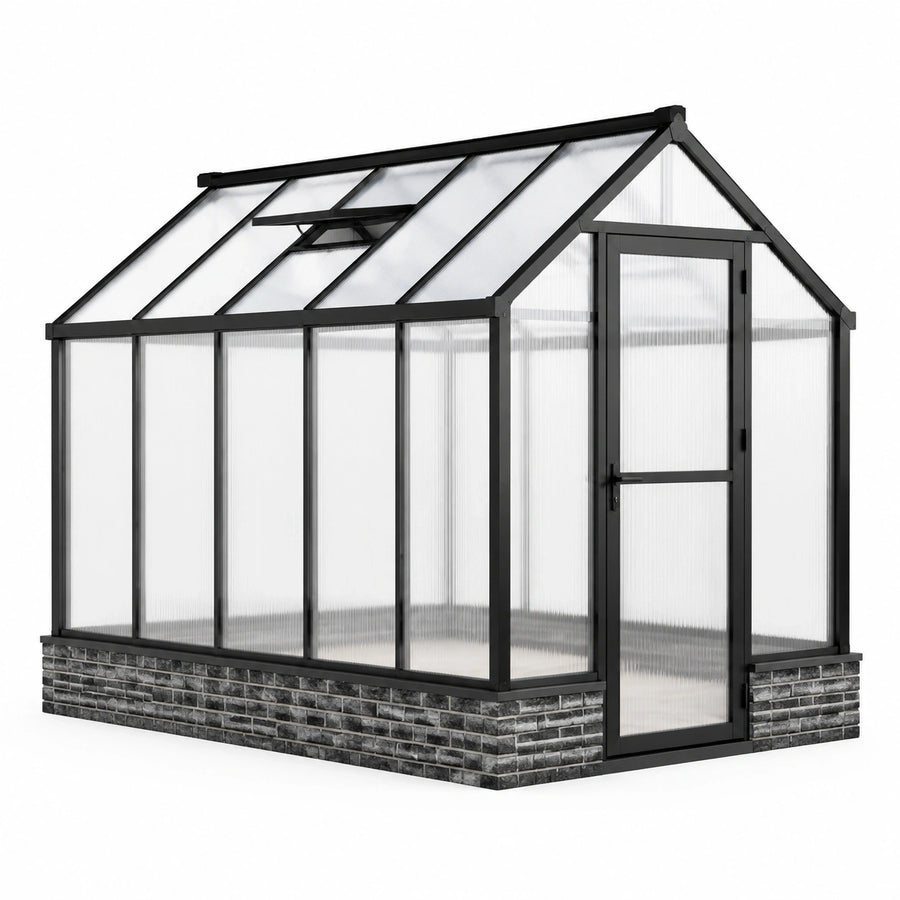 Gewächshaus 190 × 190 × 195 cm aus schwarzem Aluminium mit transparenten Polycarbonatplatten, Tür und Dachfenster