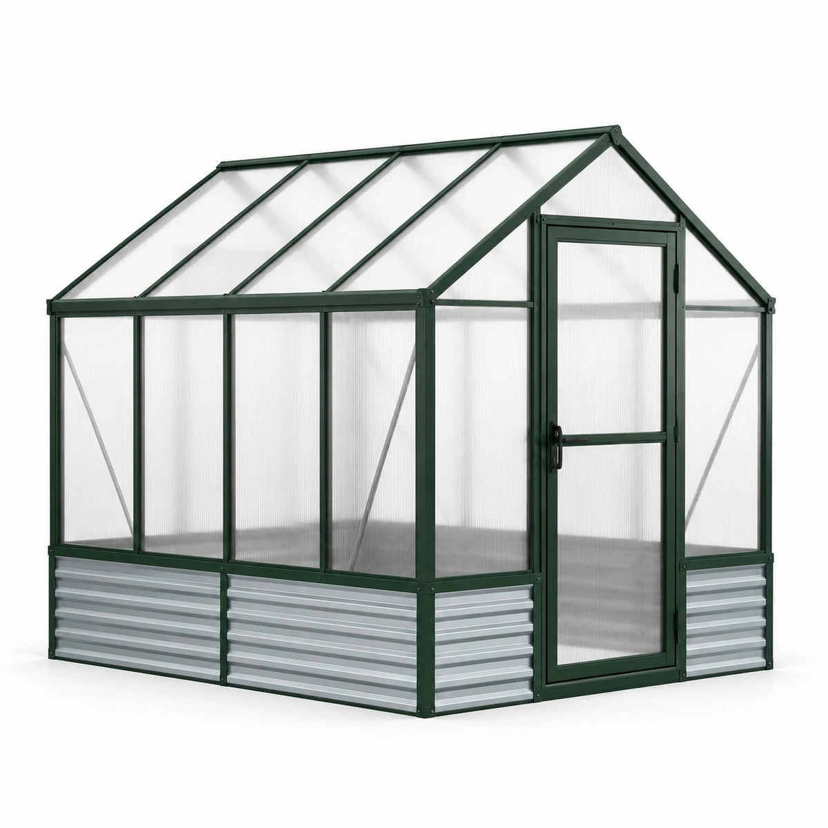 Gewächshaus 190 × 190 × 200 cm aus Aluminium, Polycarbonat und Stahl, Dunkelgrün/Silber/Transparent mit Drehtür