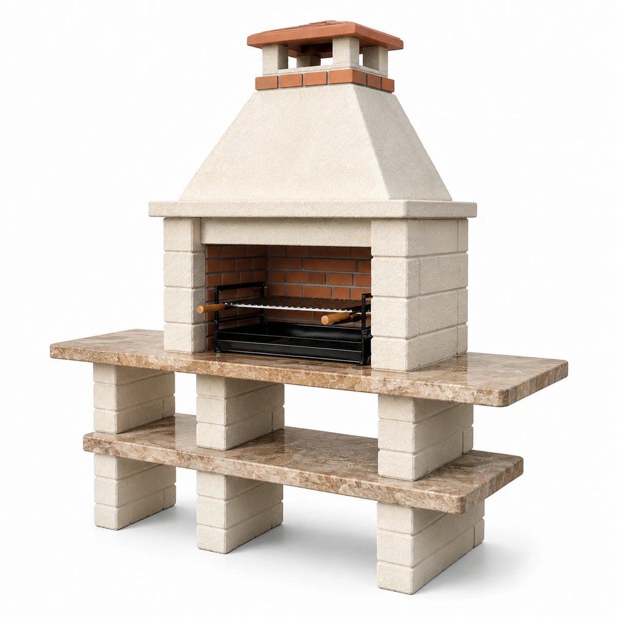 Gemauerter Gartengrill mit Kamin, Grillrost und Ablagen, 160 × 70 × 220 cm, Beige/Braun/Schwarz