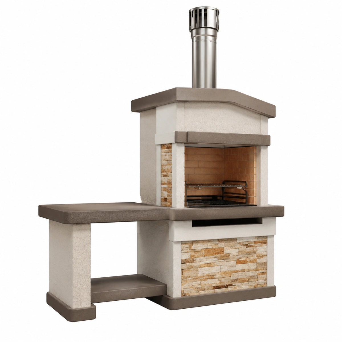 Freistehender Gartengrill aus Beton mit Edelstahlkamin und Seitenablage, 170 × 70 × 210 cm, Beige/Grau/Silber