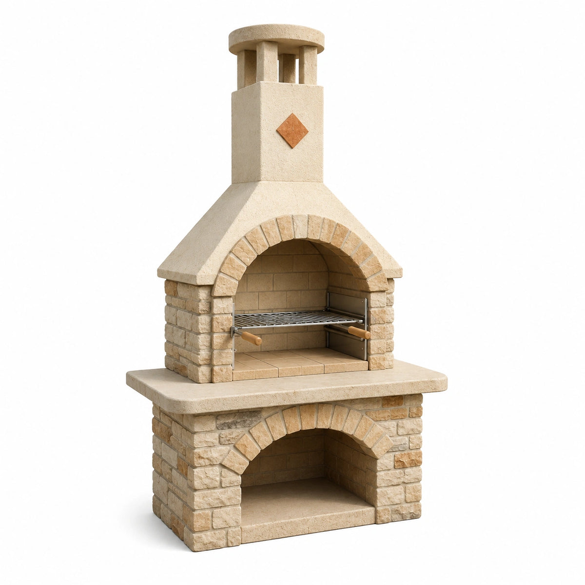 Garten-Grillkamin in Beige, Braun und Silber, 120 x 70 x 220 cm, mit Metallrost und Holzgriffen