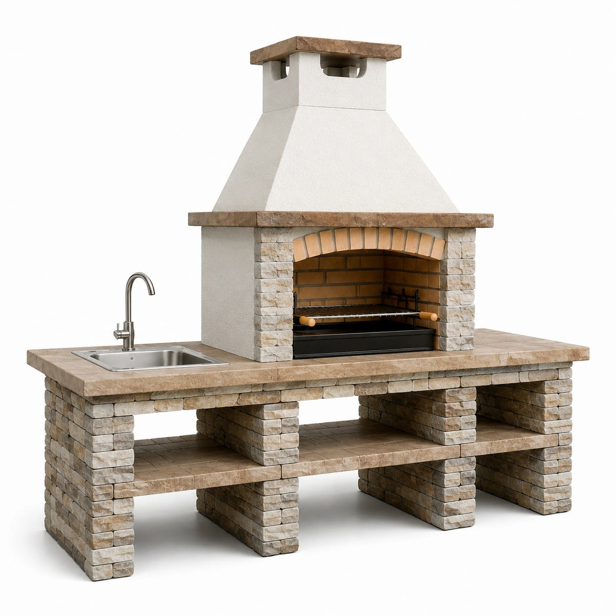 Rustikale Grillstation für den Außenbereich mit Spüle und Kamin, Beige/Braun, 240 x 80 x 250 cm