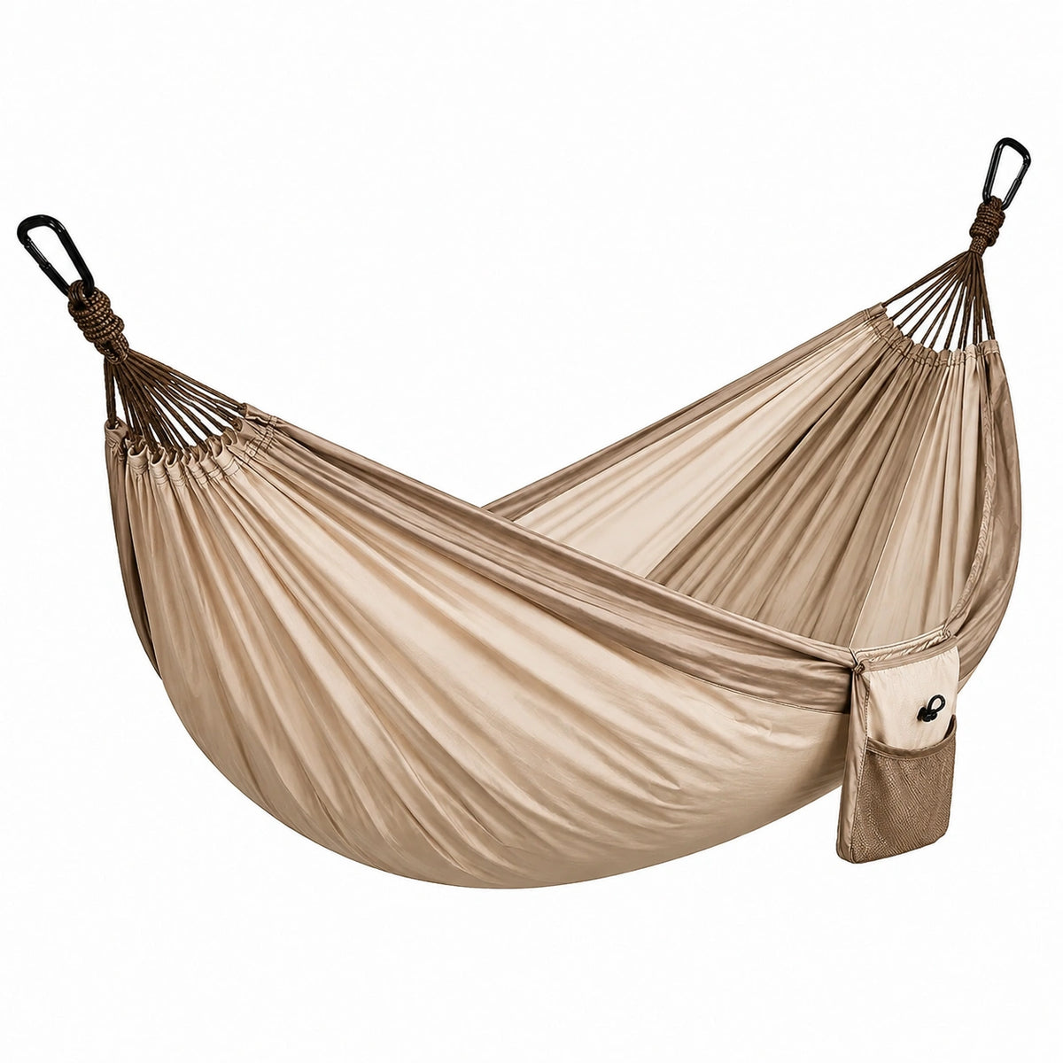 Beige Hängematte 270 × 140 cm mit schwarzen Karabinern und Seitentasche