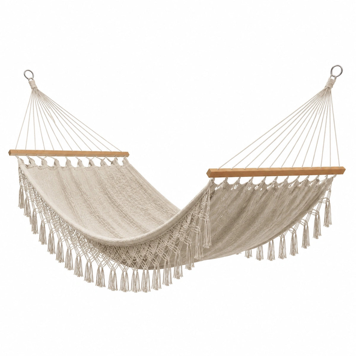 Boho-Hängematte mit Holzstäben und Fransen, Beige/Natur, 200 × 100 × 5 cm