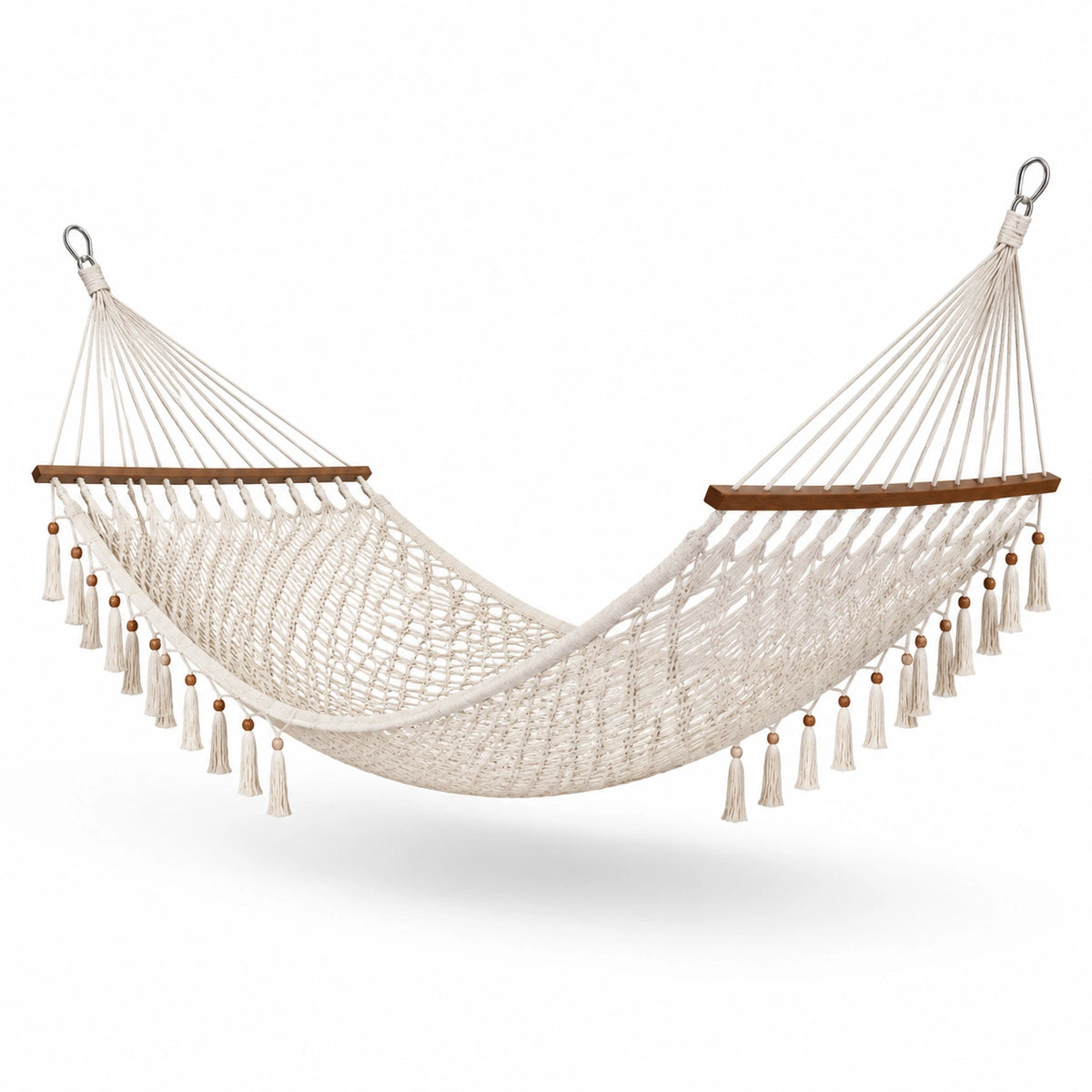 Boho-Stil aus Baumwolle mit Holzstäben, Quasten und Metallhaken, 200 x 80 x 120 cm, Beige/Braun/Silber