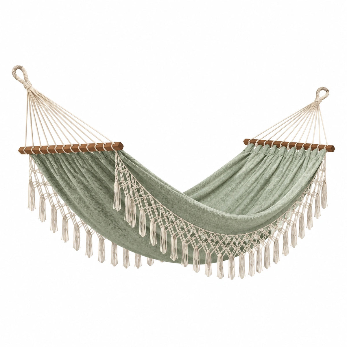 Boho-Hängematte aus Baumwolle mit Holzspreizstäben, 200 × 150 × 120 cm, Salbeigrün/Natur/Braun