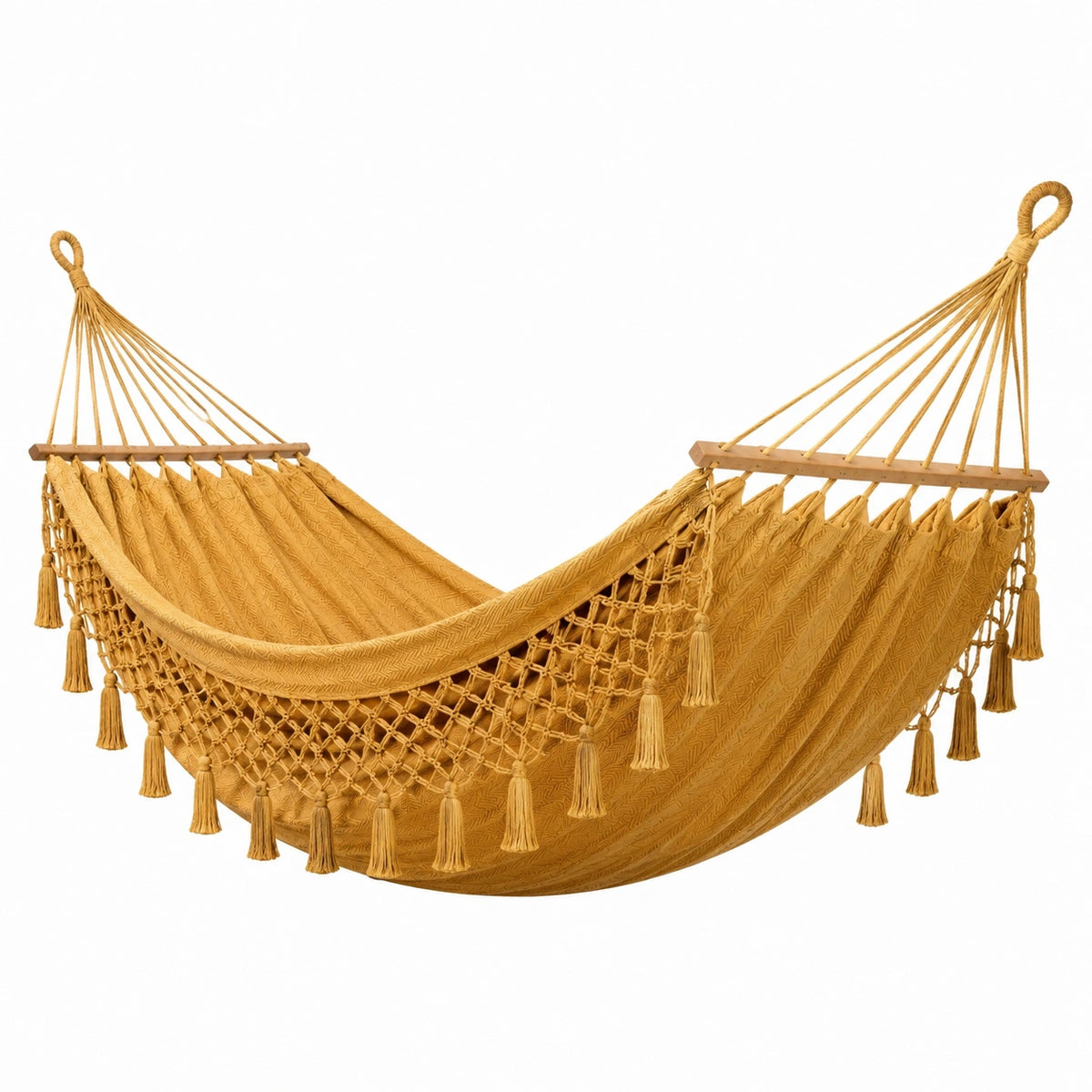Boho-Hängematte aus Baumwolle mit Holzspreizstäben und Quasten, Senfgelb, 300 × 100 × 120 cm