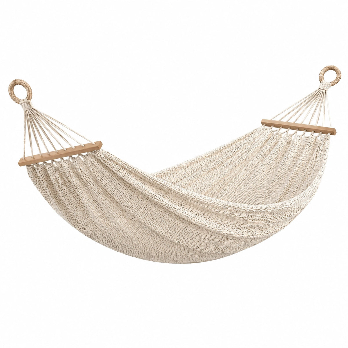 Baumwoll-Hängematte 300 × 100 cm mit Holzspreizstäben, Creme/Braun