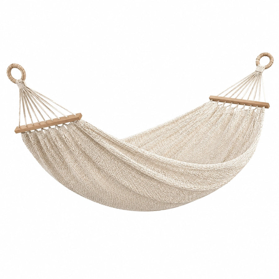 Baumwoll-Hängematte 300 × 100 cm mit Holzspreizstäben, Creme/Braun