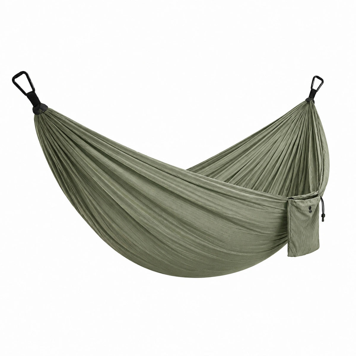 Nylon-Hängematte 270 × 140 cm Olivgrün mit schwarzen Karabinern und Aufbewahrungstasche