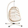 Boho-Hängesessel mit Metallgestell und Rattangeflecht, Beige/Natur/Schwarz, 105 × 105 × 195 cm