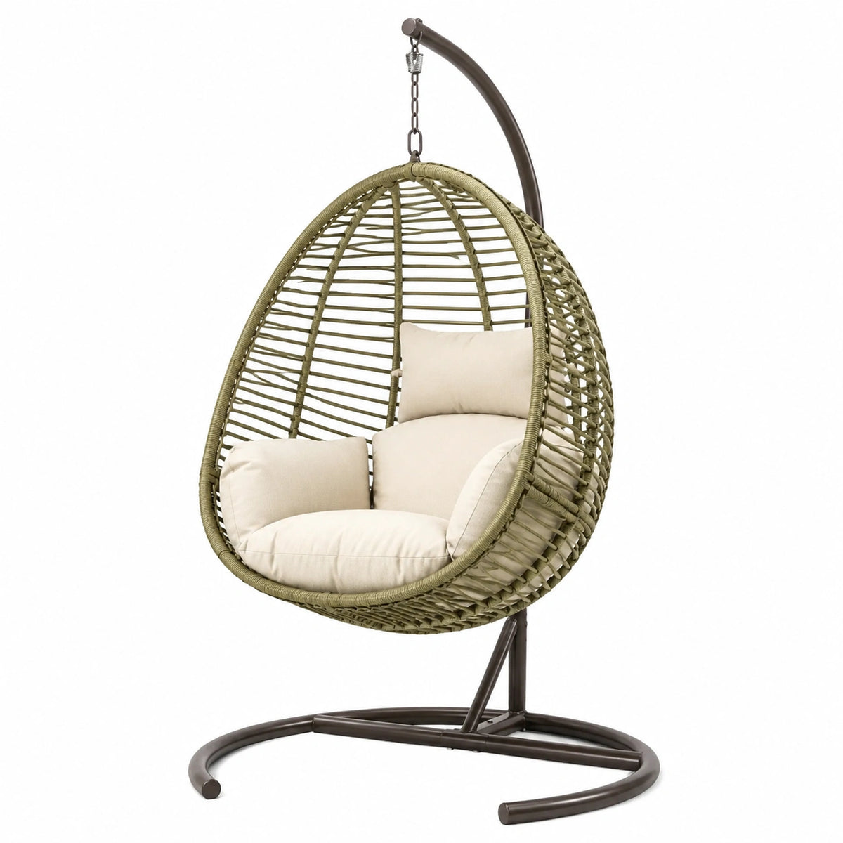 Freistehender Hängesessel aus Kunststoffgeflecht mit Metallgestell, 105 × 105 × 195 cm, Grün/Dunkelbraun/Beige