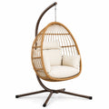 Freistehender Hängesessel aus Rattan mit Metallgestell, 105 × 105 × 195 cm, Naturbraun/Dunkelbraun/Cremeweiß