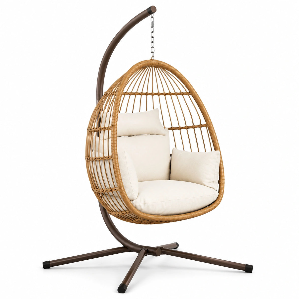 Freistehender Hängesessel aus Rattan mit Metallgestell, 105 × 105 × 195 cm, Naturbraun/Dunkelbraun/Cremeweiß