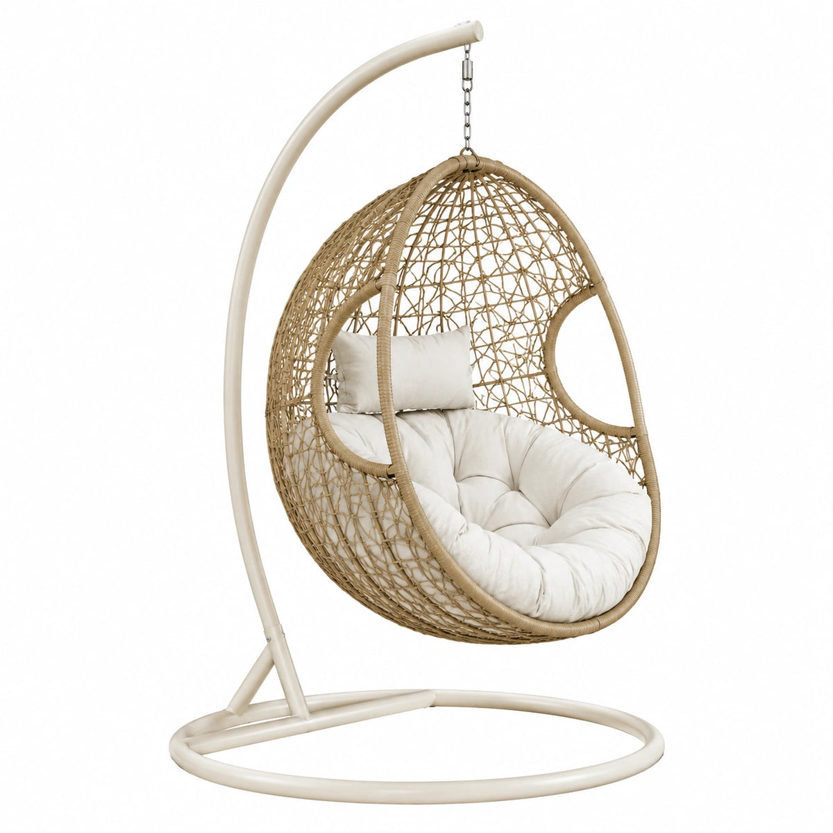 Freistehender Boho-Hängesessel mit Gestell, 115 × 105 × 195 cm, Beige/Cremeweiß