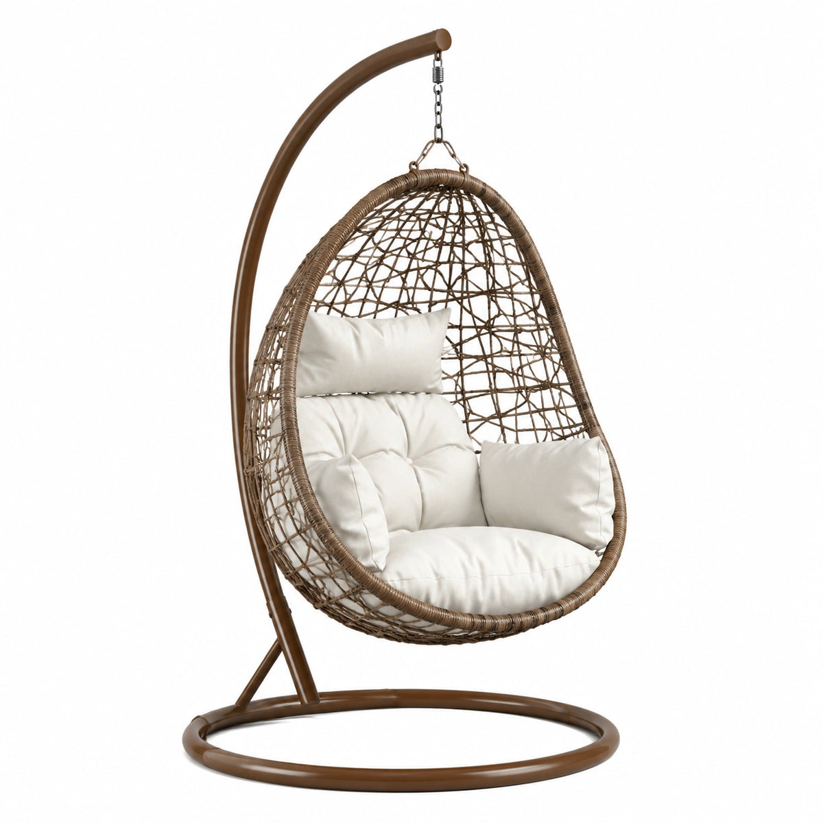 Brauner Polyrattan-Sitzkorb mit Stahlgestell und weißen Polstern, 105 × 105 × 195 cm