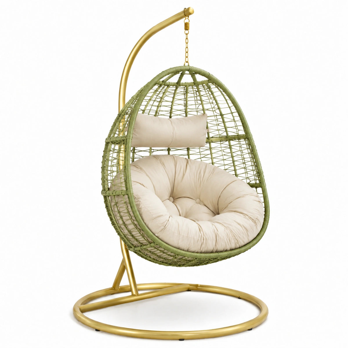 Hängesessel mit Gestell und Auflagen, 110 × 110 × 195 cm, Grün/Creme/Gold