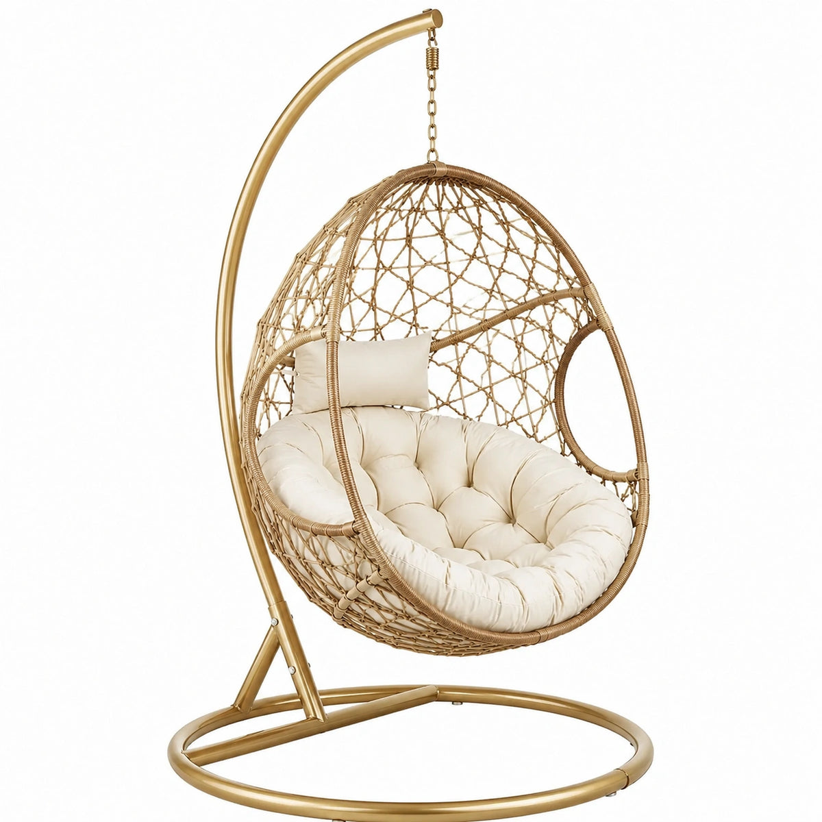 Freistehende geflochtene Sitzschale mit Metallgestell, 105 × 105 × 195 cm, Gold/Beige