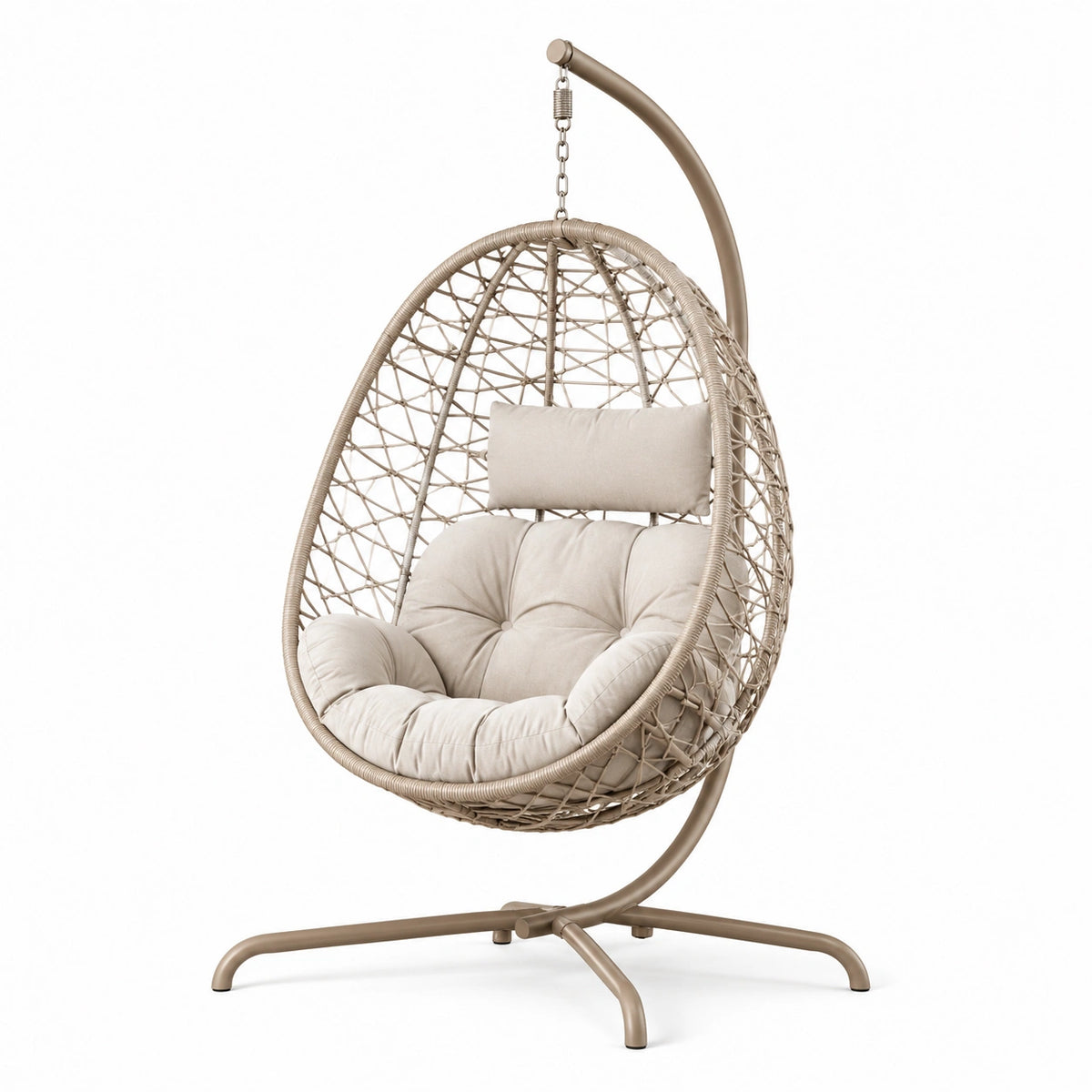 Hängesessel aus Kunststoffgeflecht mit Stahlgestell und Polsterung, Beige/Taupe, 105 x 105 x 195 cm