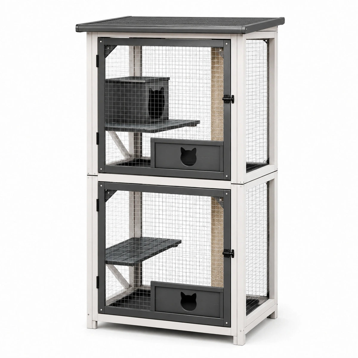 Katzengehege aus Holz und Metallgitter, Weiß/Schwarz/Beige, 100 × 60 × 180 cm, mit zwei Ebenen