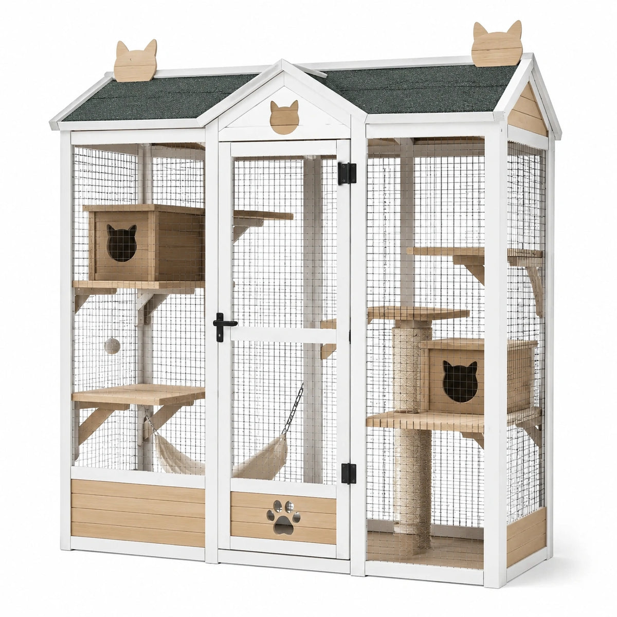 Katzengehege im Hausdesign aus Holz mit Drahtgitter, 180 x 90 x 180 cm, Weiß/Natur/Schwarz/Grau