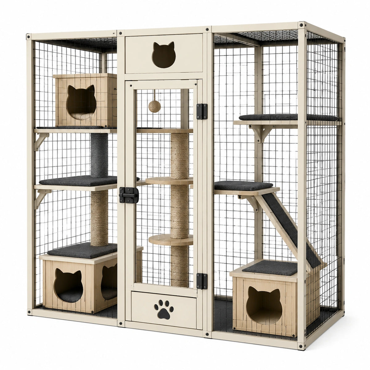 Katzengehege für Innenräume 120 × 60 × 180 cm Beige/Schwarz mit Kletterebenen, Rampe und Schlafboxen