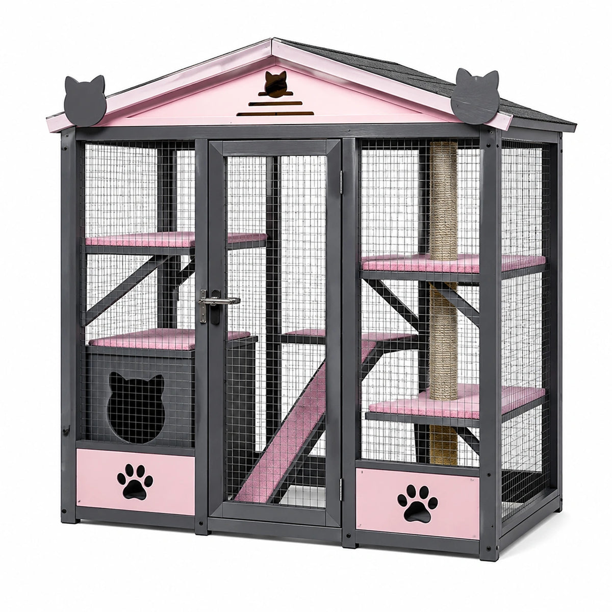 Hausdesign 120 × 80 × 180 cm in Rosa/Schwarz mit Dach, Kletterebenen, Rampe und Kratzstamm