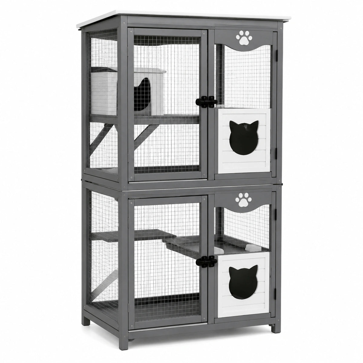 Zweistufiges Katzengehege 100 × 55 × 180 cm aus Holz und Metallgitter in Grau, Weiß und Schwarz