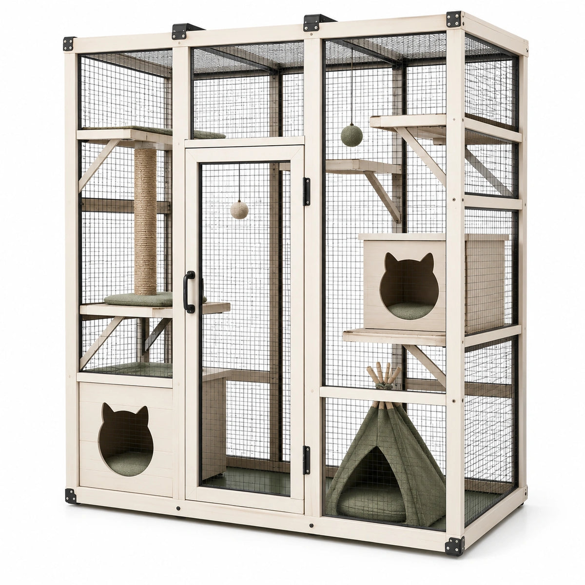 Katzengehege aus Holz mit Drahtgitter, Kletterebenen und Sisalkratzsäule, 180 × 90 × 180 cm, Beige/Schwarz/Grün
