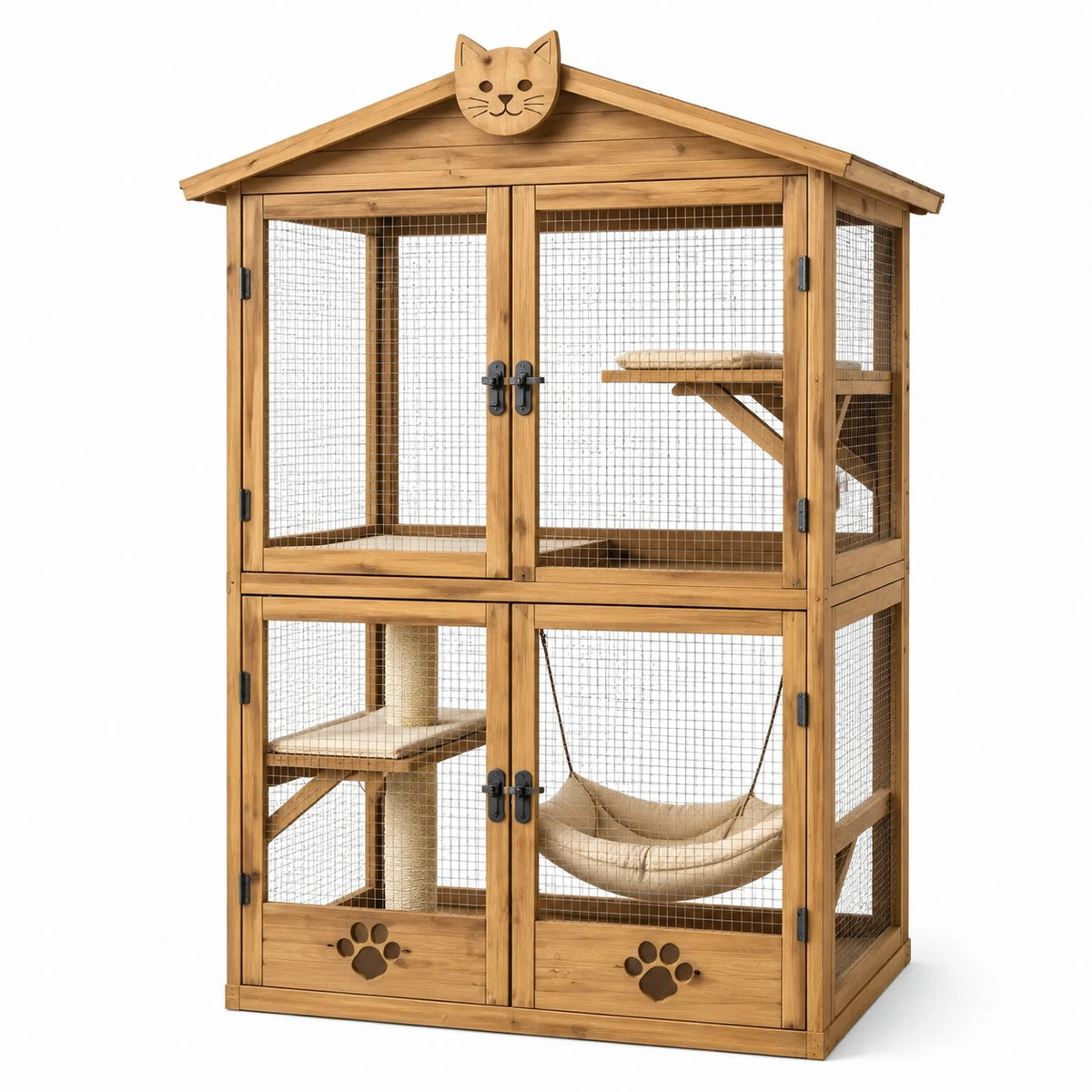 Mehrstöckiges Katzengehege aus Holz mit Gitter, Hängematte und Kratzpfosten, 100 x 60 x 180 cm, Naturbraun/Schwarz/Beige